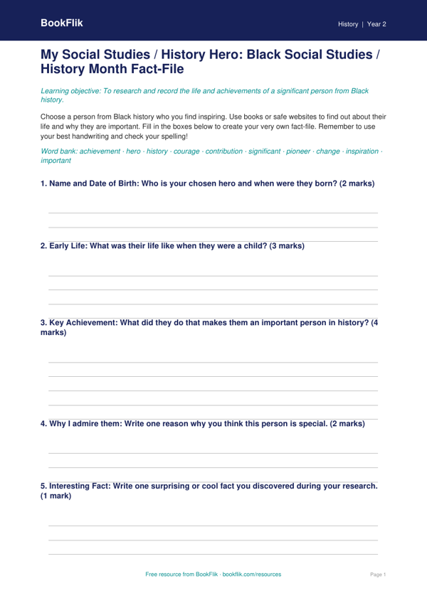 Free Black History Month Template | Class 2 | Social Studies / History | BookFlik worksheet preview — History Black History Month