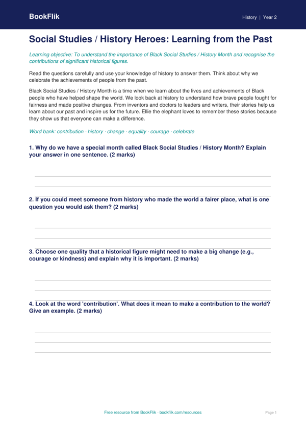Free Black History Month Worksheet | Class 2 | Social Studies / History | BookFlik worksheet preview — History Black History Month