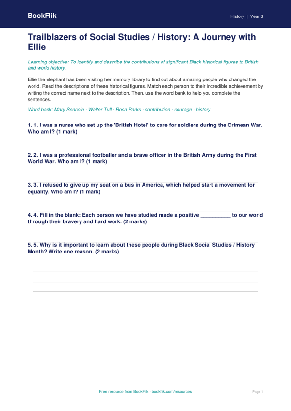 Black History Month Activity Sheet for Class 3 | CBSE Social Studies worksheet preview — History Black History Month