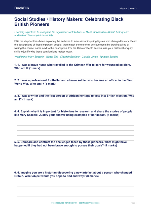 Free Black History Month Activity Sheet | Class 3 | Social Studies / History | BookFlik worksheet preview — History Black History Month