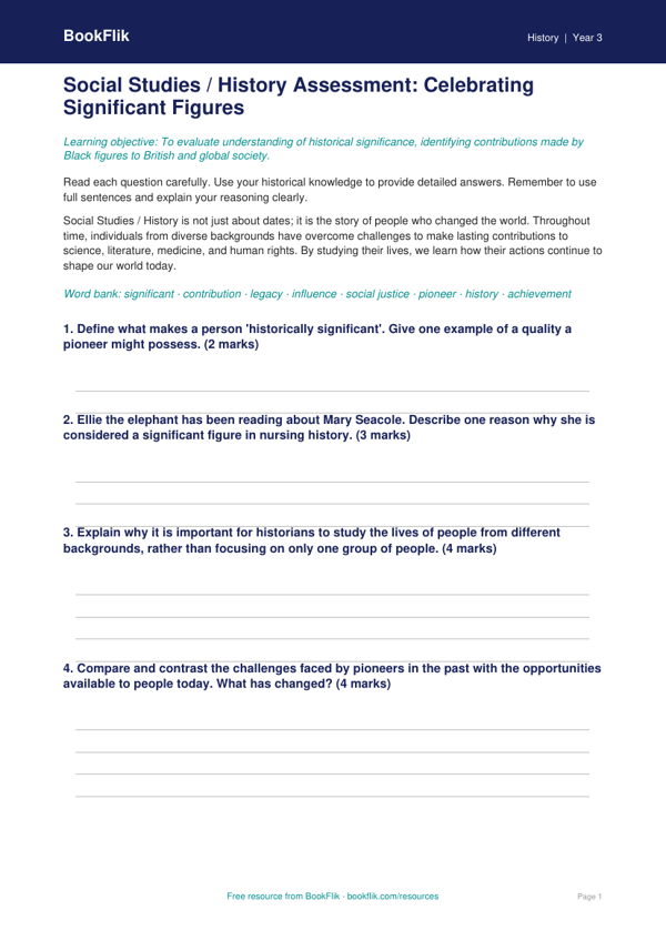 Black History Month Assessment for Class 3 | CBSE Social Studies | BookFlik worksheet preview — History Black History Month
