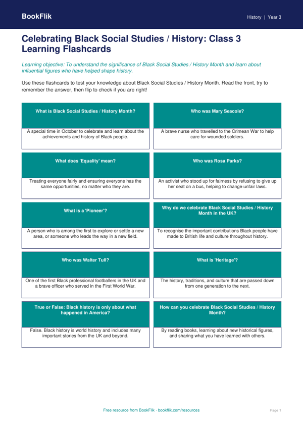 Free Black History Month Flashcards | Class 3 | Social Studies / History | BookFlik worksheet preview — History Black History Month