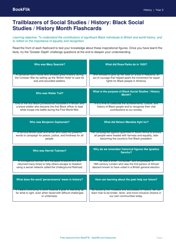 Black History Month Flashcards for Class 3 | CBSE Social Studies worksheet preview — History Black History Month