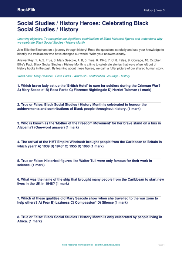 Free Black History Month Quiz | Class 3 | Social Studies / History | BookFlik worksheet preview — History Black History Month
