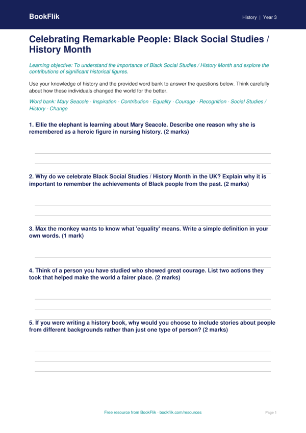 Free Black History Month Worksheet | Class 3 | Social Studies / History | BookFlik worksheet preview — History Black History Month
