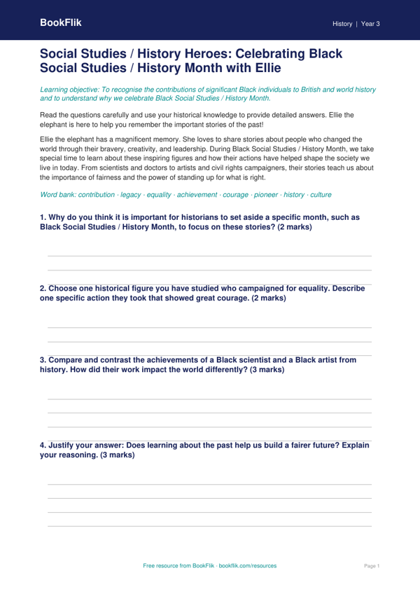 Free Black History Month Worksheet | Class 3 | Social Studies / History | BookFlik worksheet preview — History Black History Month