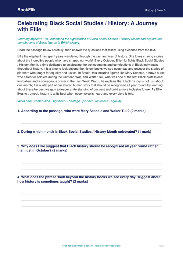 Free Black History Month Comprehension | Class 6 | Social Studies / History | BookFlik worksheet preview — History Black History Month