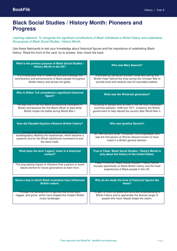 Black History Month Educational Resource | Class 6 History | BookFlik worksheet preview — History Black History Month