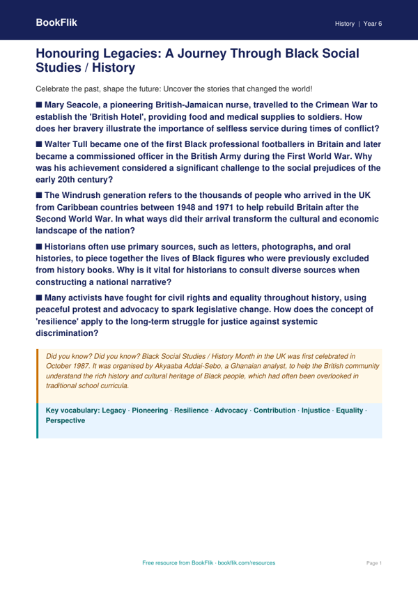 Free Black History Month Poster | Class 6 | Social Studies / History | BookFlik worksheet preview — History Black History Month