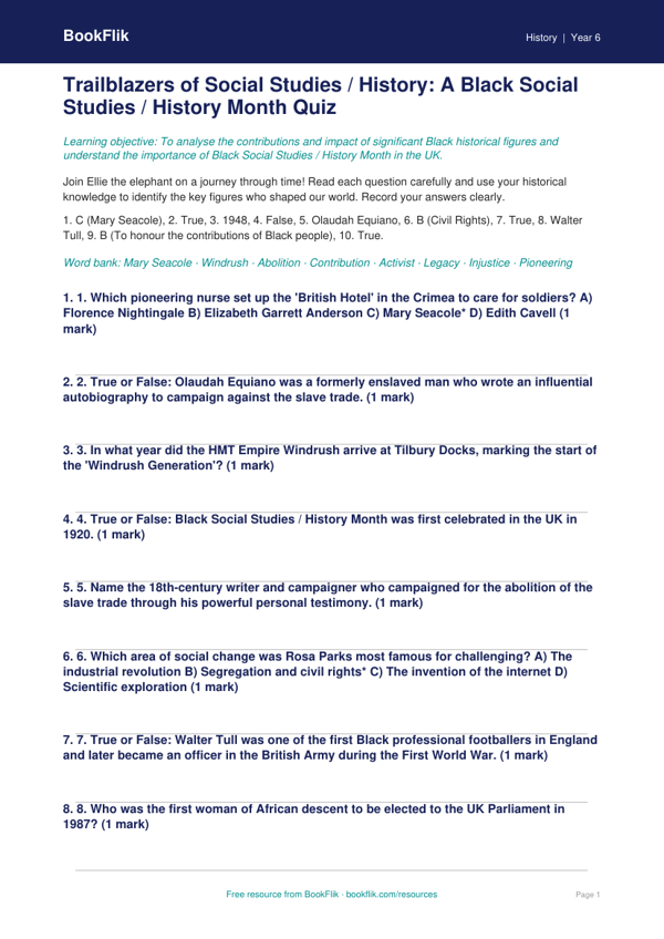 Black History Month Quiz for Class 6 | CBSE Social Studies | BookFlik worksheet preview — History Black History Month