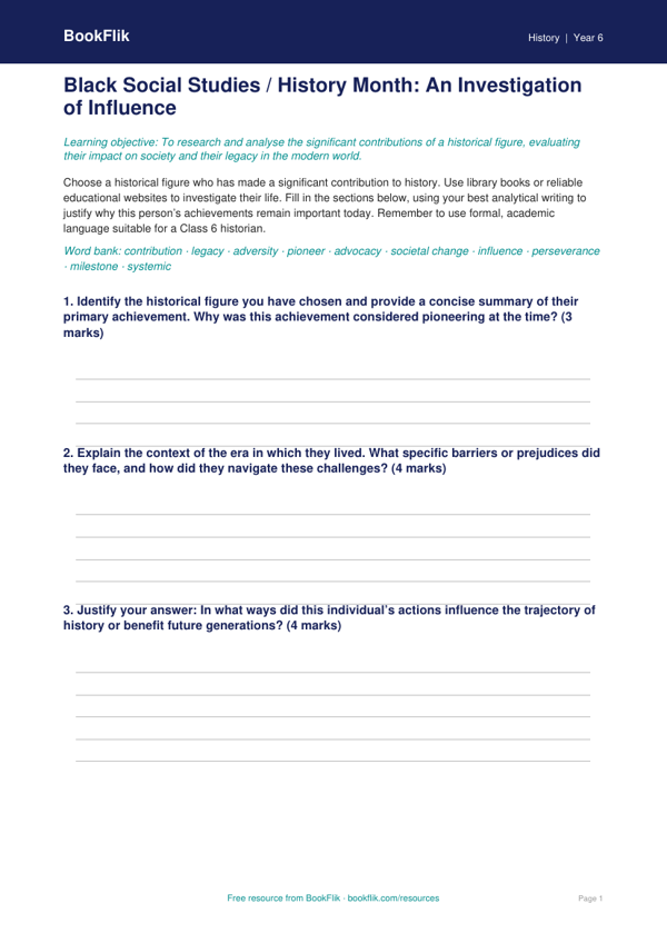 Black History Month Template for Class 6 | CBSE Social Studies Resources worksheet preview — History Black History Month
