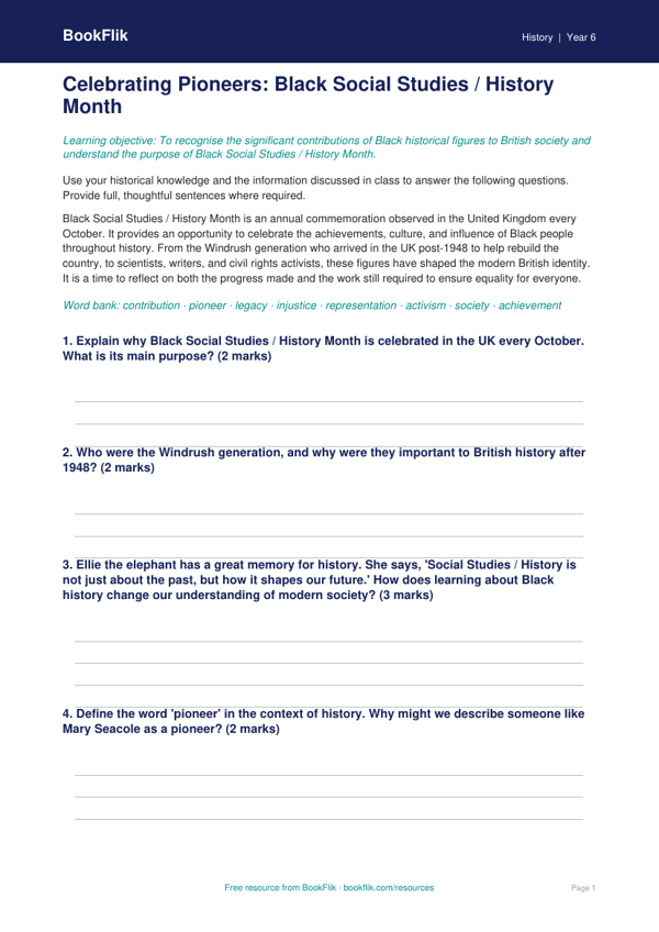 Free Black History Month Worksheet | Class 6 | Social Studies / History | BookFlik