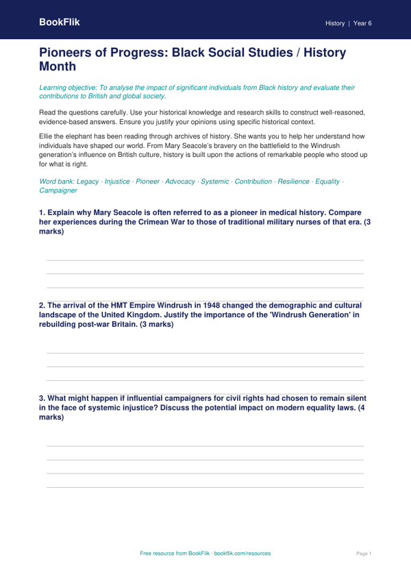 Black History Month Worksheet for Class 6 | CBSE Social Studies | BookFlik worksheet preview — History Black History Month