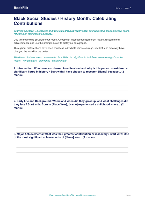 Black History Month Writing Frame for Class 6 | CBSE History Resources worksheet preview — History Black History Month