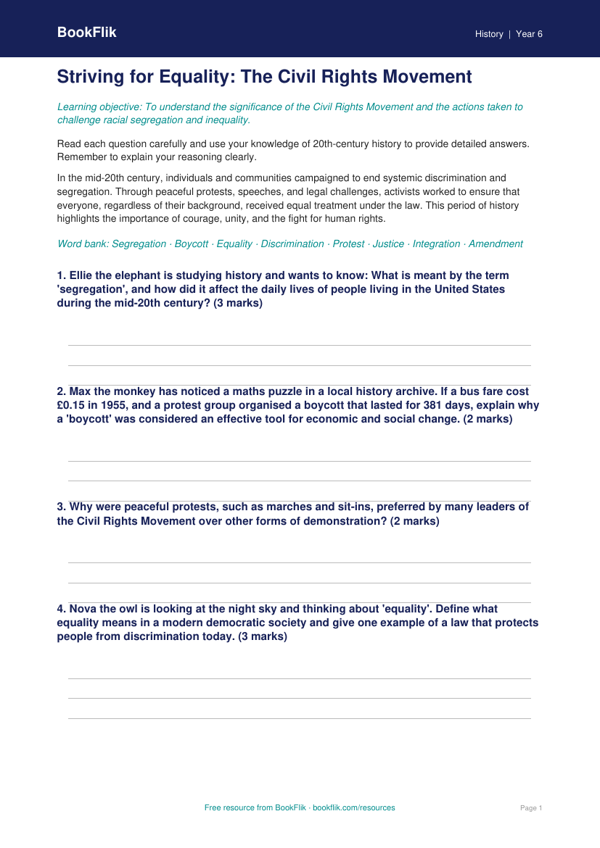 Free Civil Rights Worksheet | Class 6 | Social Studies / History | BookFlik worksheet preview — History Civil Rights