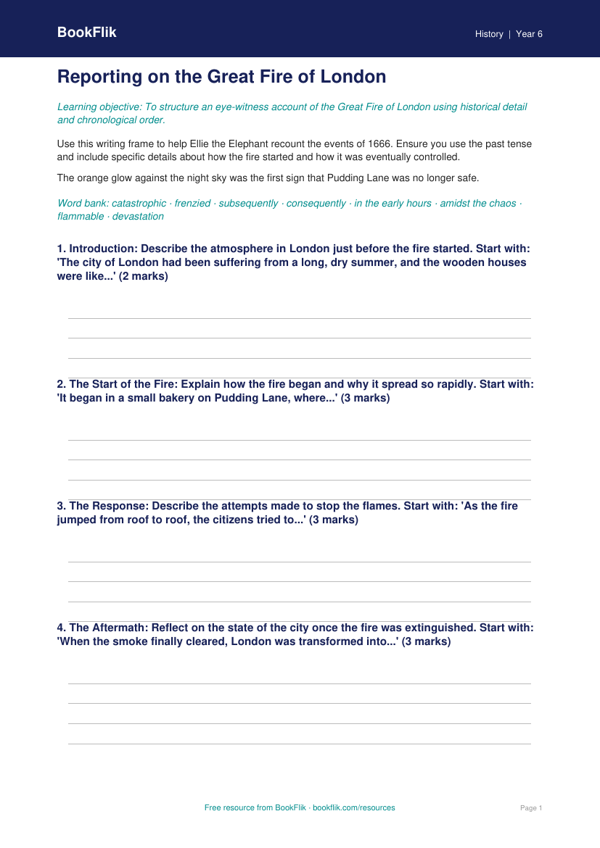 Great Fire of London Writing Frame | Class 6 History | BookFlik