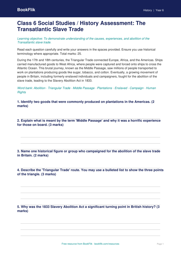 Free Slavery Assessment | Class 6 | Social Studies / History | BookFlik worksheet preview — History Slavery