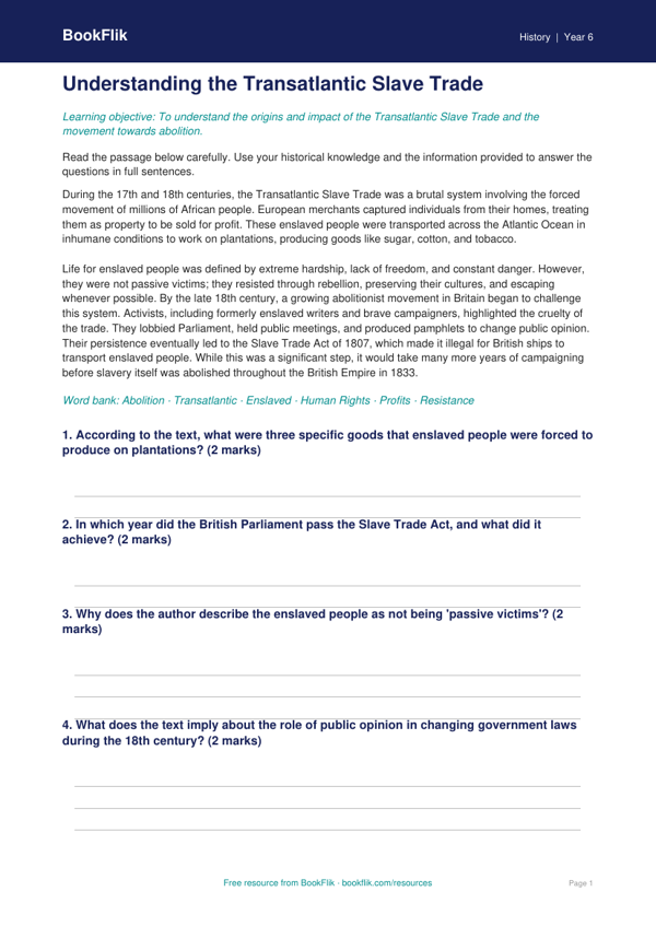 Free Slavery Comprehension | Class 6 | Social Studies / History | BookFlik