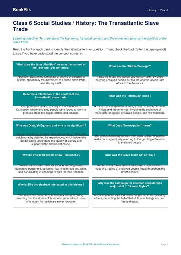 Free Slavery Flashcards | Class 6 | Social Studies / History | BookFlik