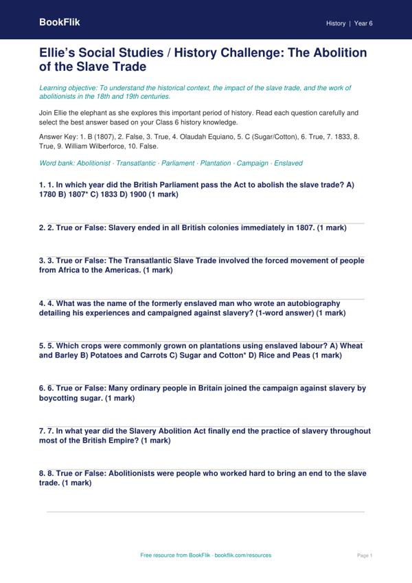 Free Slavery Quiz | Class 6 | Social Studies / History | BookFlik worksheet preview — History Slavery