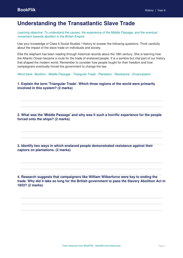 Free Slavery Worksheet | Class 6 | Social Studies / History | BookFlik