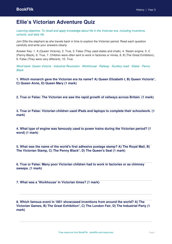 Free Victorians Quiz | Class 3 | Social Studies / History | BookFlik worksheet preview — History Victorians