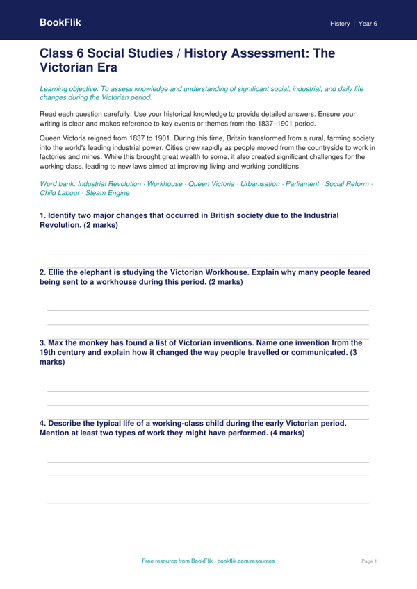 Free Victorians Assessment | Class 6 | Social Studies / History | BookFlik