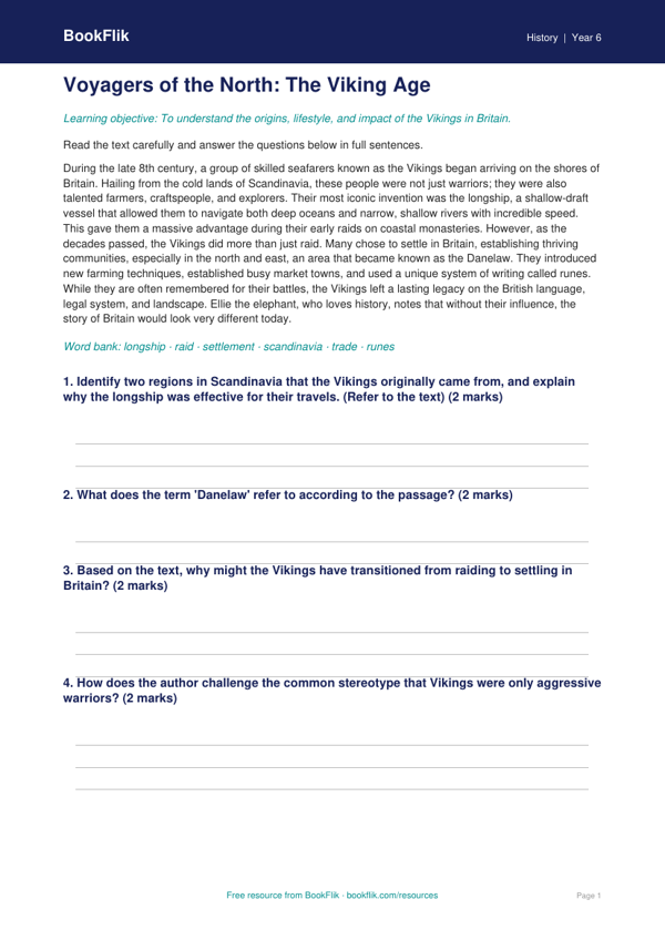 Free Vikings Comprehension | Class 6 | Social Studies / History | BookFlik worksheet preview — History Vikings