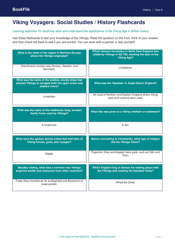 Free Vikings Flashcards | Class 6 | Social Studies / History | BookFlik worksheet preview — History Vikings