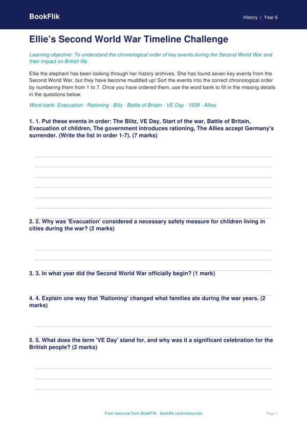 Free WW2 Activity Sheet | Class 6 | Social Studies / History | BookFlik worksheet preview — History Ww2