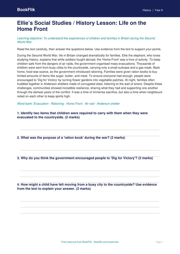 Free WW2 Comprehension | Class 6 | Social Studies / History | BookFlik worksheet preview — History Ww2
