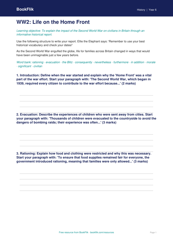 WW2 History Writing Frame for Class 6 | CBSE Social Studies | BookFlik worksheet preview — History Ww2