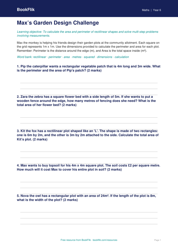 Free Area And Perimeter Activity Sheet | Class 6 | Maths | BookFlik