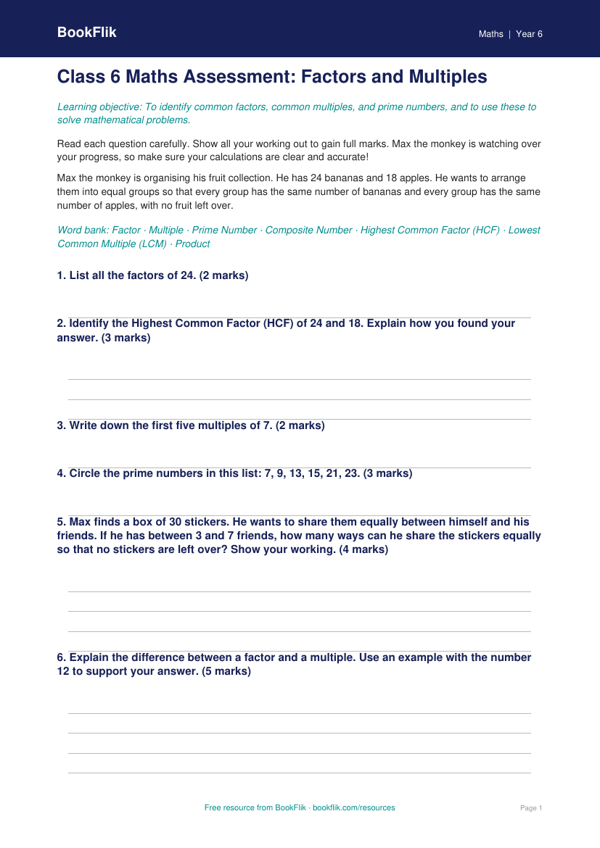 Free Factors And Multiples Assessment | Class 6 | Maths | BookFlik