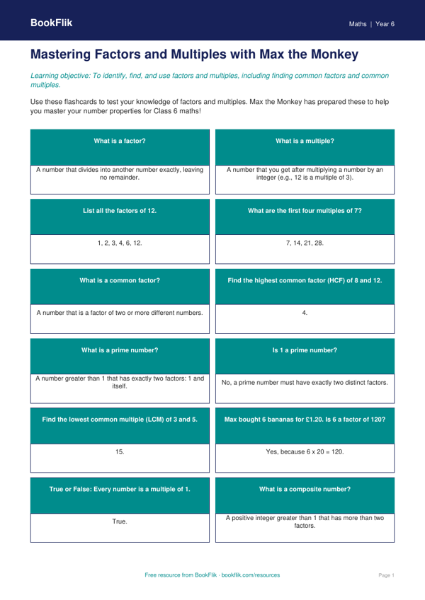 Free Factors And Multiples Flashcards | Class 6 | Maths | BookFlik