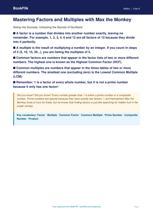 Free Factors And Multiples Poster | Class 6 | Maths | BookFlik