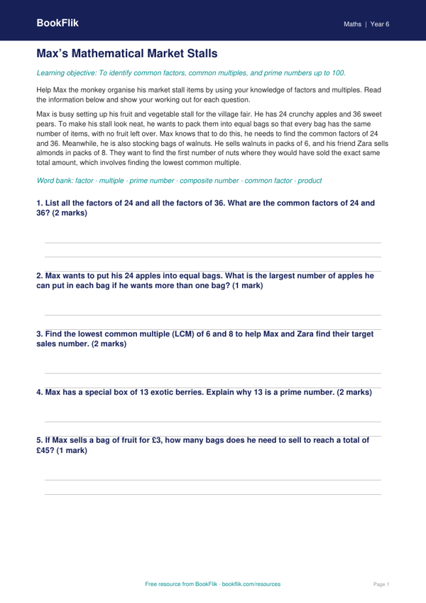 Free Factors And Multiples Track Sheet | Class 6 | Maths | BookFlik worksheet preview — Maths Factors And Multiples