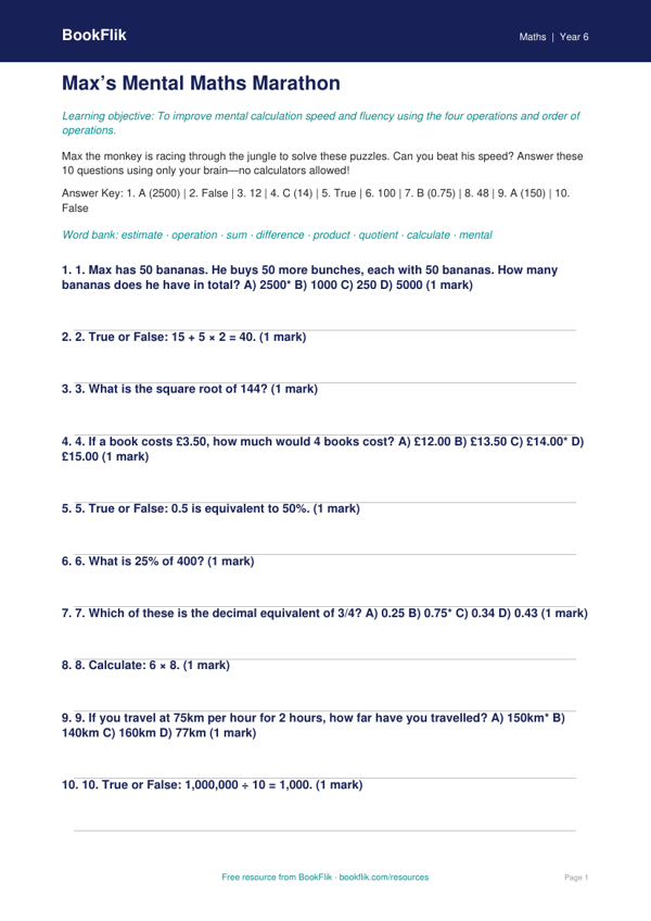 Free Mental Maths Quiz | Class 6 | Maths | BookFlik worksheet preview — Maths Mental Maths