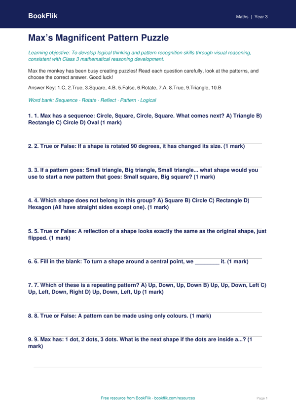 Free Non Verbal Reasoning Quiz | Class 3 | Maths | BookFlik worksheet preview — Maths Non Verbal Reasoning