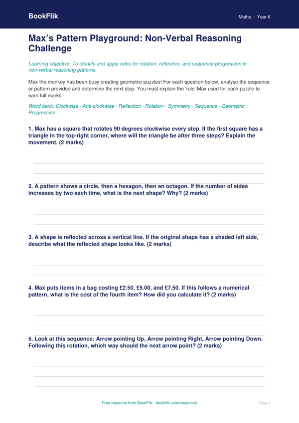 Free Non Verbal Reasoning Activity Sheet | Class 6 | Maths | BookFlik worksheet preview — Maths Non Verbal Reasoning