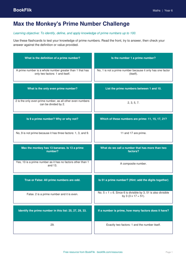 Free Prime Numbers Flashcards | Class 6 | Maths | BookFlik worksheet preview — Maths Prime Numbers