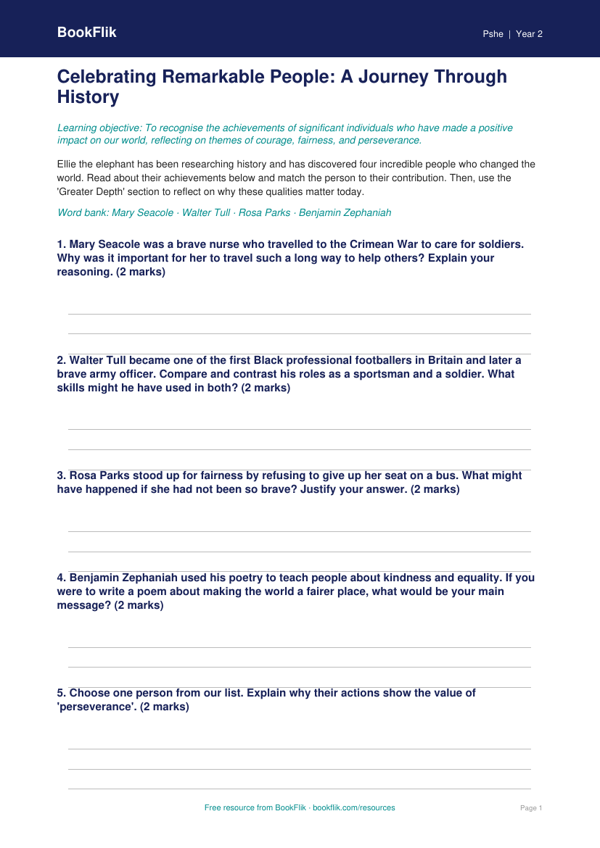Free Black History Month Activity Sheet | Class 2 | Life Skills | BookFlik worksheet preview — Pshe Black History Month