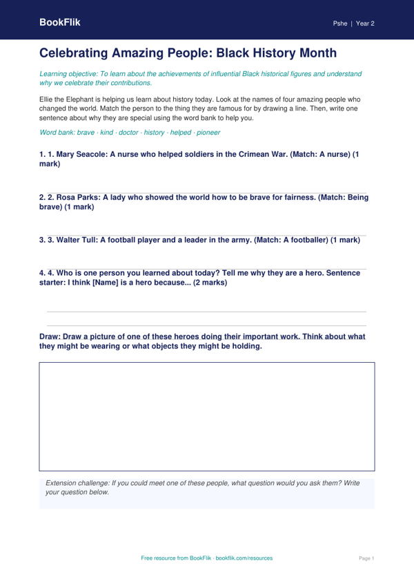 Black History Month Activity Sheet for Class 2 | CBSE Life Skills worksheet preview — Pshe Black History Month