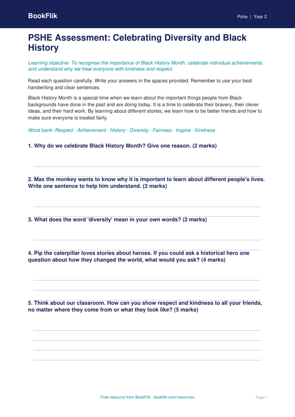 Black History Month Worksheet for Class 2 | CBSE Life Skills | BookFlik worksheet preview — Pshe Black History Month