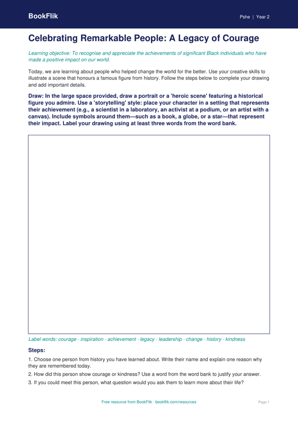 Black History Month Drawing Sheet for Class 2 | Life Skills | BookFlik worksheet preview — Pshe Black History Month