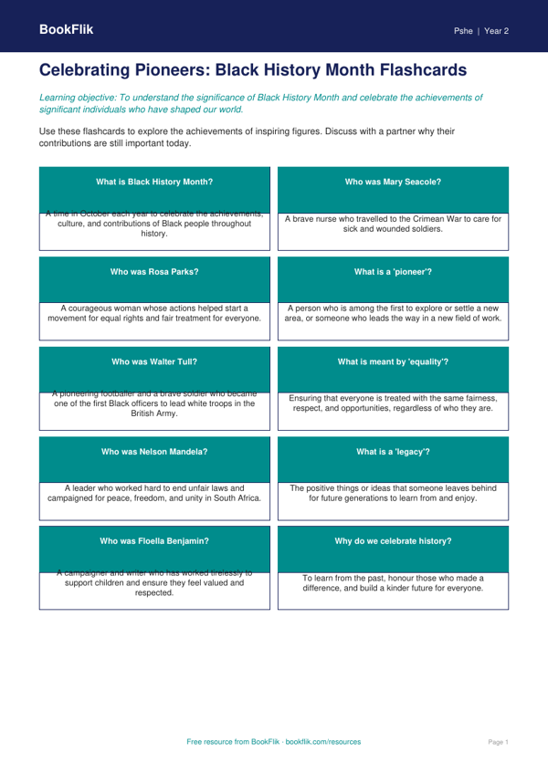 Black History Month Flashcards for Class 2 | CBSE Life Skills | BookFlik worksheet preview — Pshe Black History Month