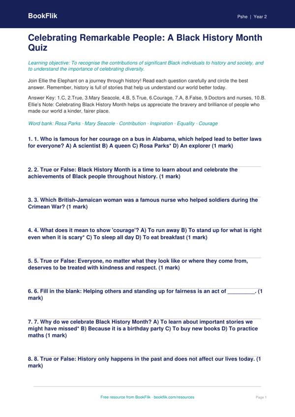 Black History Month Quiz for Class 2 | CBSE Life Skills | BookFlik worksheet preview — Pshe Black History Month
