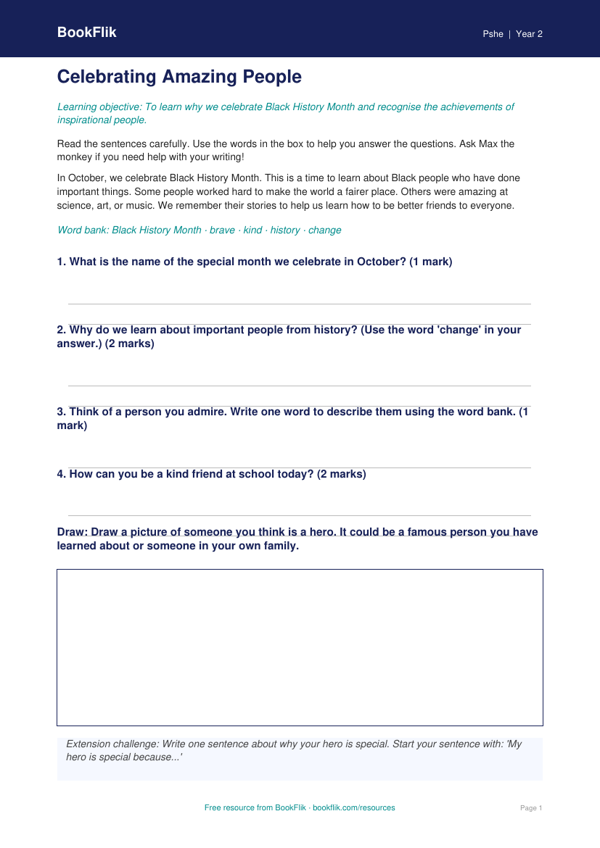 Black History Month Worksheet for Class 2 | CBSE Life Skills | BookFlik worksheet preview — Pshe Black History Month