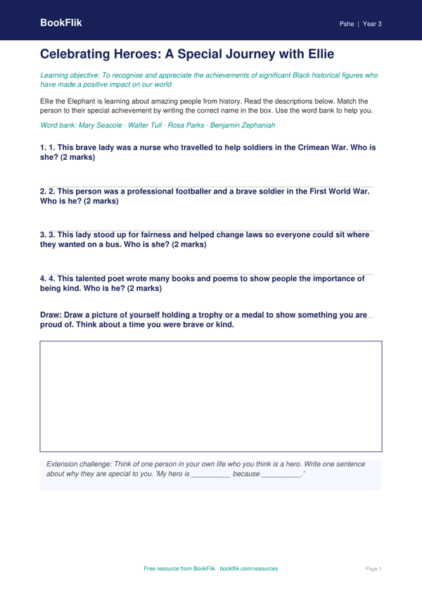 Free Black History Month Activity Sheet | Class 3 | Life Skills | BookFlik worksheet preview — Pshe Black History Month