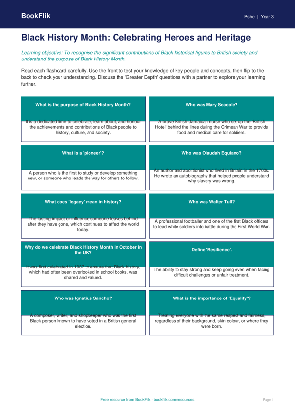 Black History Month Flashcards for Class 3 | CBSE Life Skills | BookFlik worksheet preview — Pshe Black History Month